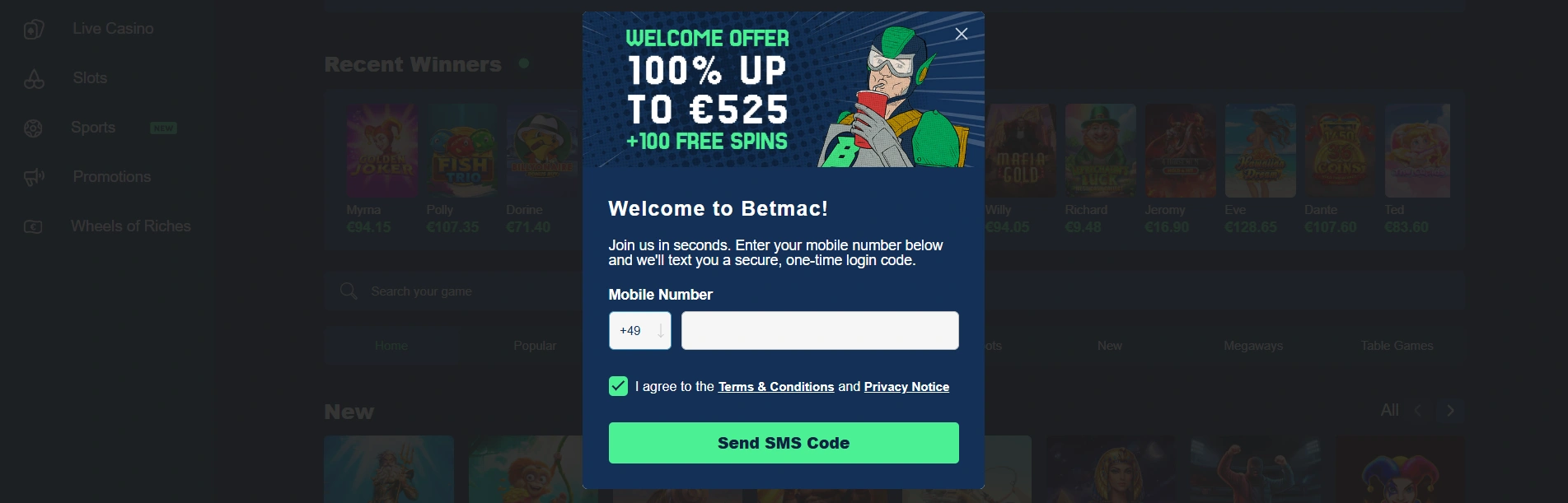 Betmac Casino registration page screenshot